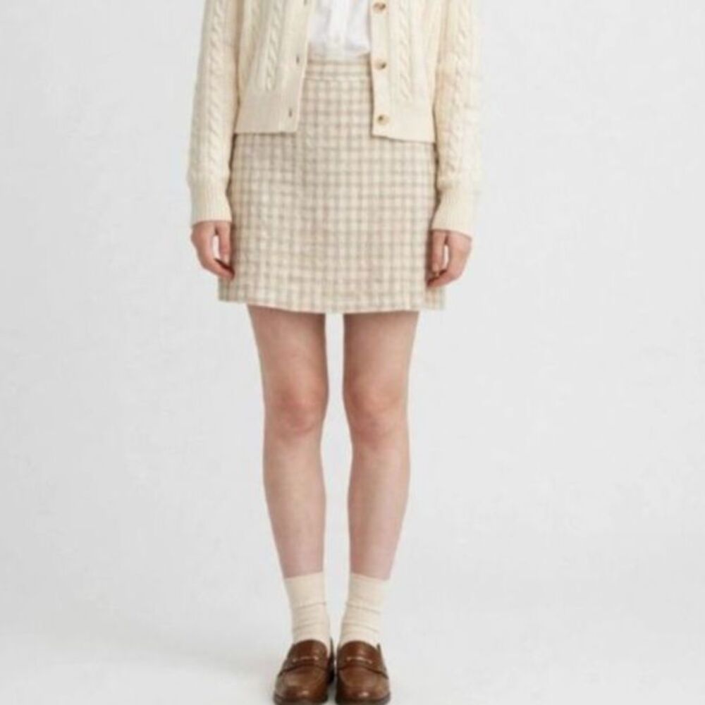 Max Studio Linen Blend Beige Gingham Wrap Mini Skirt Small 5702L16C